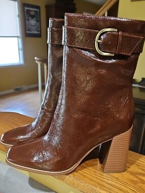 Nine West Brown Mid-Calf Buckle Block Heel Boots